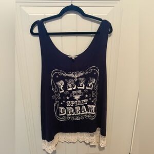 Lovesick Navy Free Spirit Tank Top with Lace Trim
